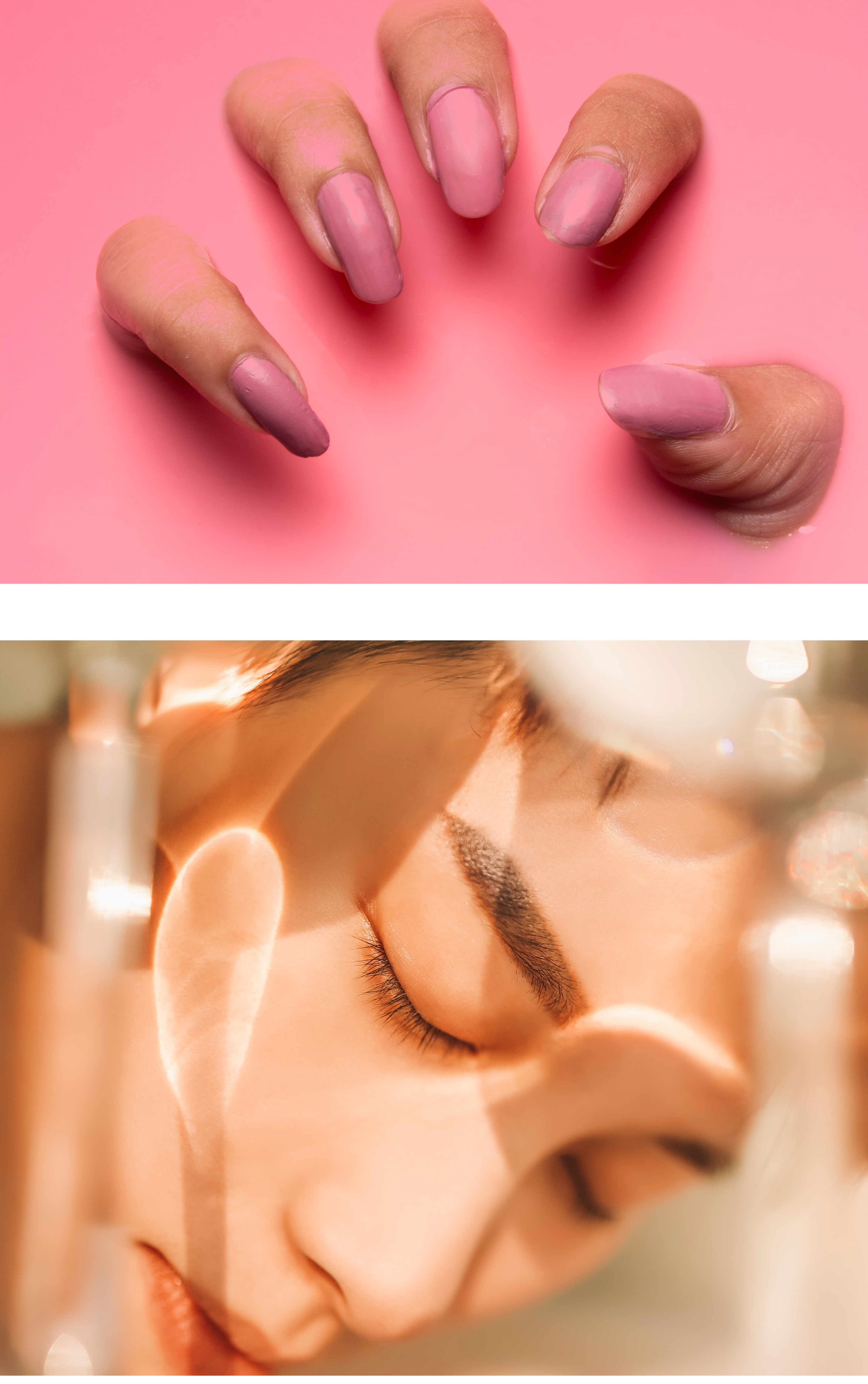 Top picture: nails painted bright pink with same pink background. Bottom picture: person relaxing with eyes closed